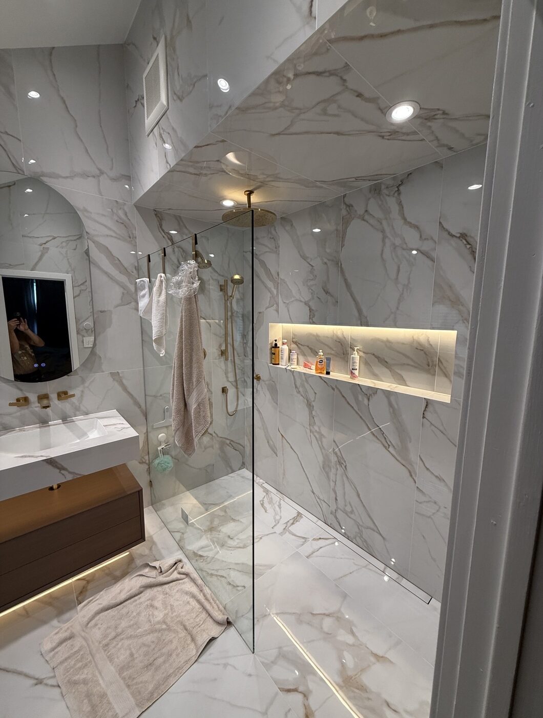 Finished walk-in shower with backlit niche — Staten Island bathroom remodel